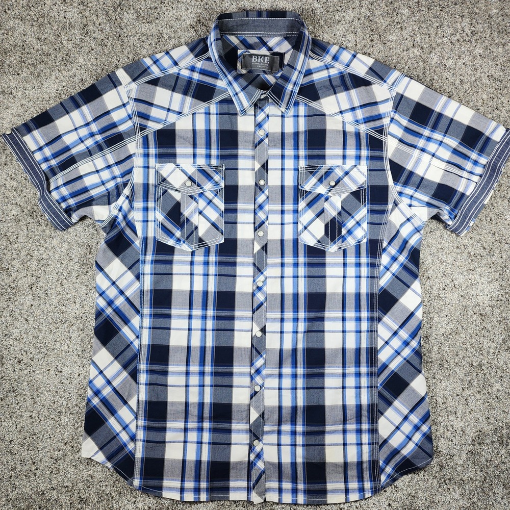 BKE Pearl Snap Shirt Mens XXL Western Plaid Contrast Stitch Perfect Condition